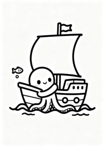 Little Kraken Hugging a Ship Doodle Card coloring page
