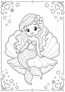 Little Mermaid Sitting on a Seashell Coloring Page coloring page