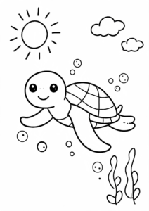 Little Sea Turtle Swimming with Bubbles Printable Card coloring page