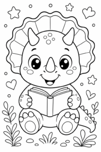 Little Triceratops Reading a Tiny Book Coloring Card coloring page