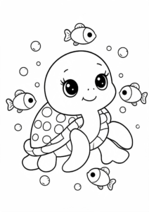 Little Turtle Swimming with Fish Coloring Page coloring page