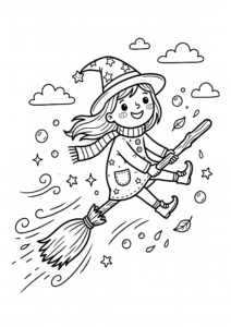 Little Witch Flying on a Broom Doodle Page coloring page