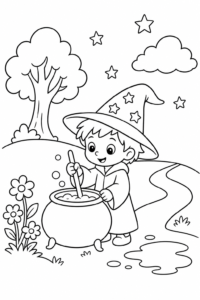 Little Wizard Mixing a Potion Coloring Sheet coloring page
