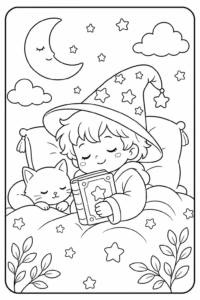 Little Wizard Reading a Spell Book Printable Coloring Page coloring page
