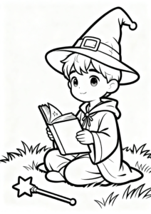 Little Wizard Reading a Spell Book Printable Coloring Sheet coloring page