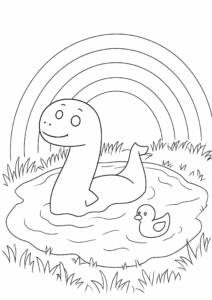 Loch Ness Monster Under a Rainbow Coloring Card coloring page