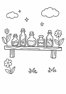 Magic Potion Bottles on a Wooden Shelf Printable Card coloring page