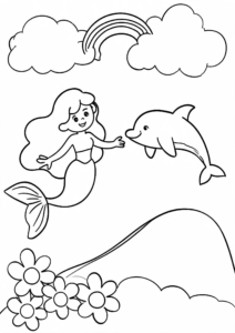 Mermaid and Dolphin Swimming Together Doodle Card coloring page