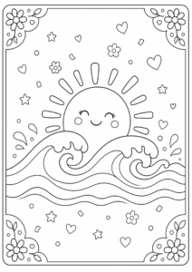 Ocean Waves with Smiling Sun Printable Card coloring page