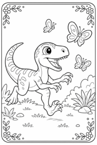 Playful Raptor Chasing Butterflies Coloring Sheet coloring page