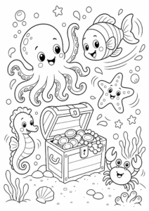Sea Creatures Playing Near a Treasure Chest Coloring Page coloring page