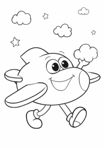 Smiling Airplane Flying Above Clouds Coloring Page coloring page