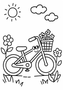 Smiling Bicycle with Flower Basket Coloring Page coloring page