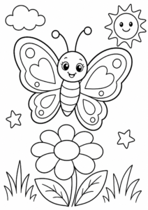 Smiling Butterfly Over a Daisy Coloring Page coloring page