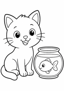 Smiling Cat Beside a Fish Bowl Doodle Page coloring page