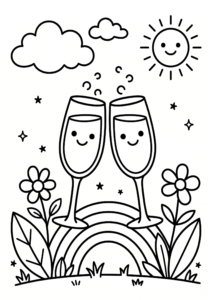Smiling Champagne Glasses with Bubbles Doodle Page coloring page