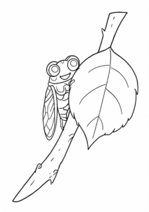 Smiling Cicada Resting on a Tree Branch Coloring Page coloring page