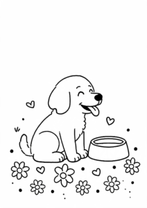Smiling Dog Beside a Food Bowl Doodle Page coloring page