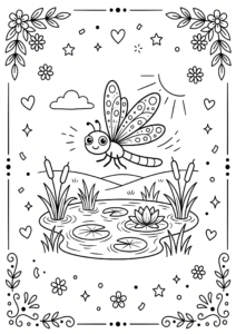 Smiling Dragonfly Flying Over a Pond Doodle Page coloring page
