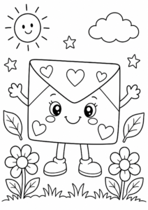 Smiling Envelope with Heart Stickers Coloring Sheet coloring page