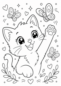 Smiling Kitten Chasing Butterflies Doodle Page coloring page