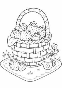 Spring Picnic Basket with Strawberries Coloring Sheet coloring page