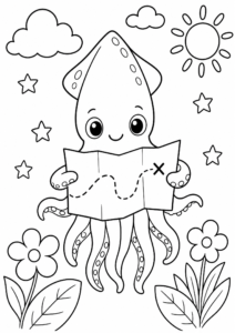 Squid Holding a Treasure Map Coloring Sheet coloring page