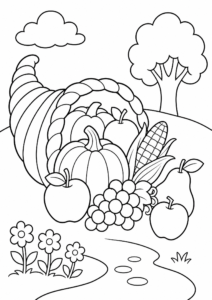 Thanksgiving Cornucopia Filled with Fruit Printable Coloring Sheet coloring page