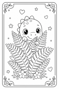 Tiny Dinosaur Peeking Behind Fern Leaves Coloring Card coloring page