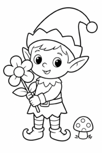 Tiny Elf Holding a Flower Printable Coloring Page coloring page