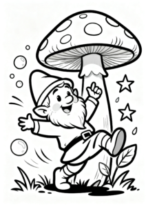Tiny Gnome Sitting Under a Mushroom Printable Coloring Page coloring page