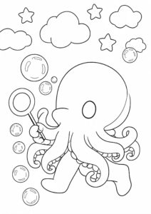 Tiny Kraken Playing with Bubbles Coloring Card coloring page