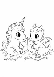 Unicorn and Dragon Sharing a Star Doodle Card coloring page