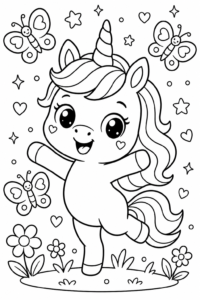Unicorn Dancing with Butterflies Coloring Sheet coloring page