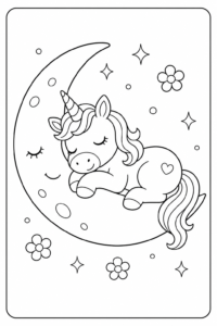 Unicorn Sleeping on a Crescent Moon Doodle Card coloring page