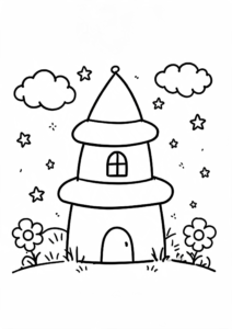 Wizard Tower with Stars and Clouds Coloring Sheet coloring page