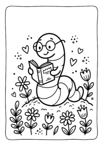 Worm Reading a Little Book Coloring Card coloring page