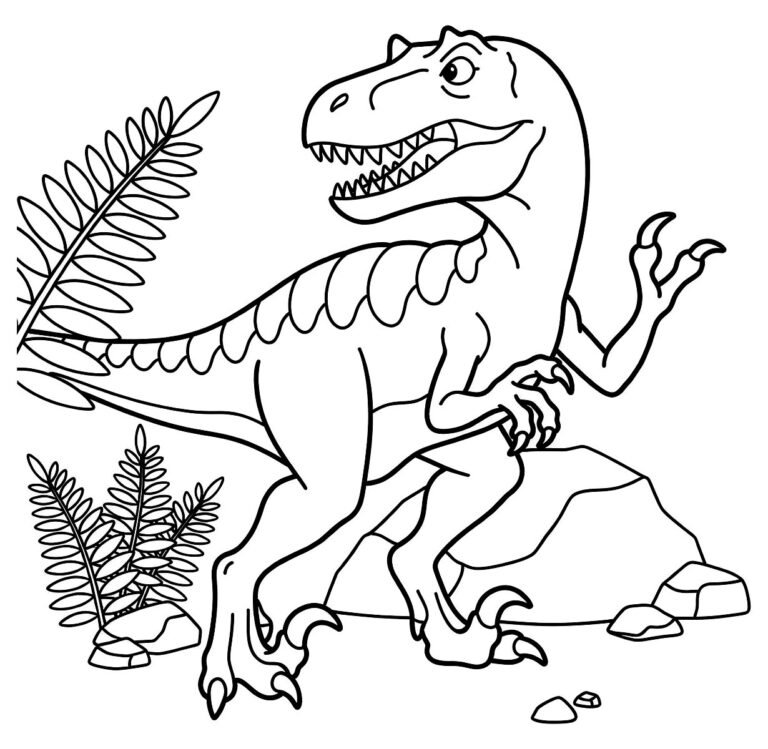 Allosaurus crouching among ferns and rocks with eye crests, free printable coloring page