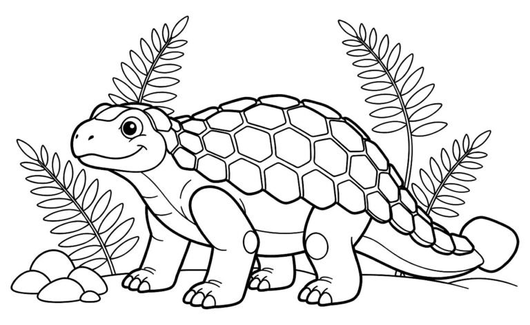 Armored Ankylosaurus walking past ferns with heavy club tail, free printable coloring page