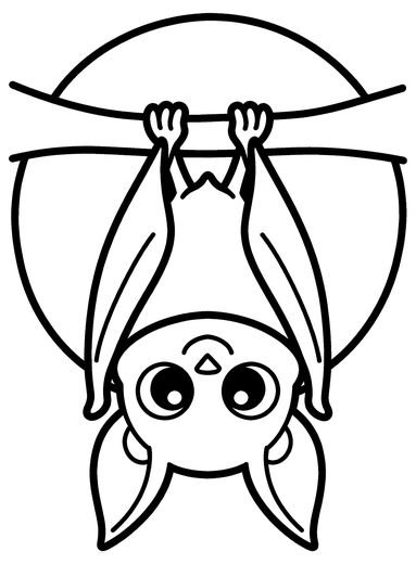 A cartoon bat with wide spread wings, big round eyes, and a branch above, free printable coloring page
