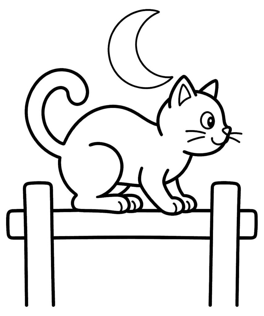 A cat with an arched back and curled tail on a fence, crescent moon behind, free printable coloring page