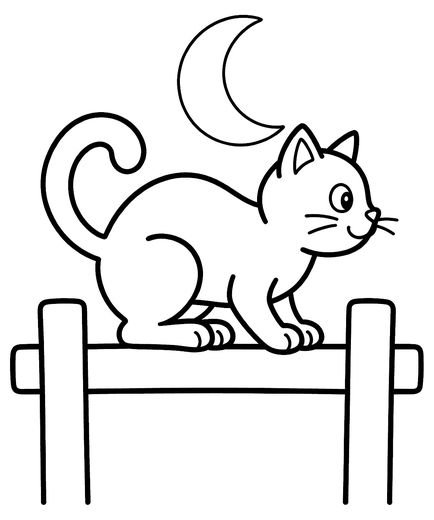 A cat with an arched back and curled tail on a fence, crescent moon behind, free printable coloring page
