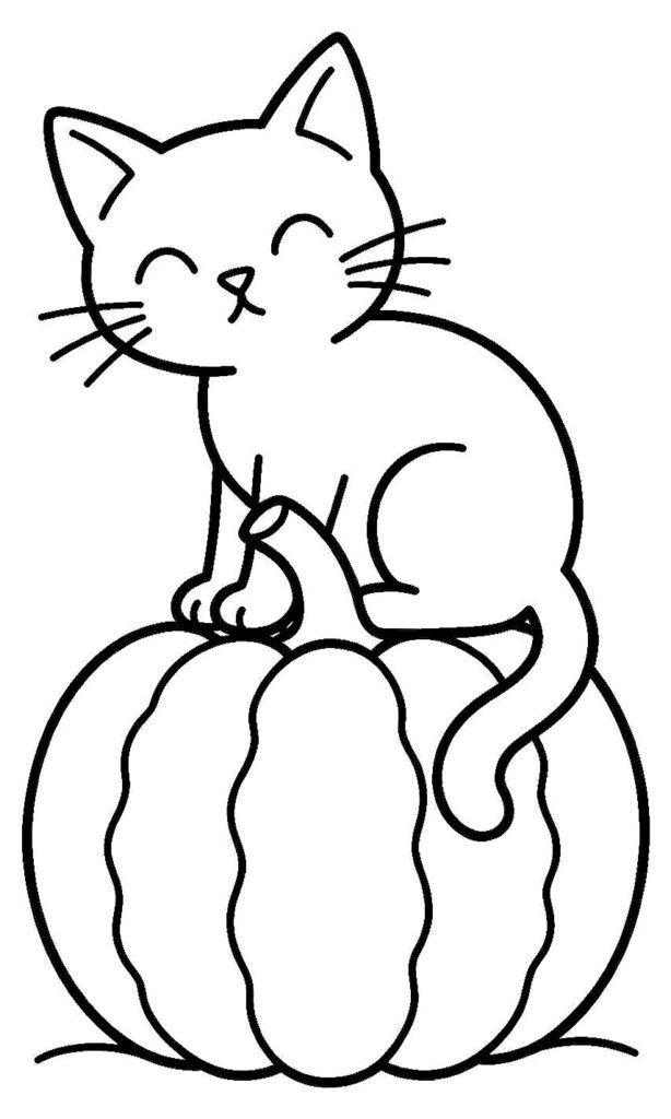 A black cat sitting on a large pumpkin with its tail curling down over the side, free printable coloring page