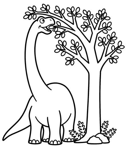 Tall Brachiosaurus reaching into a tree above ferns and rocks, free printable coloring page