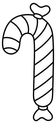 Big upright candy cane with thick diagonal stripes and a small bow, free printable coloring page