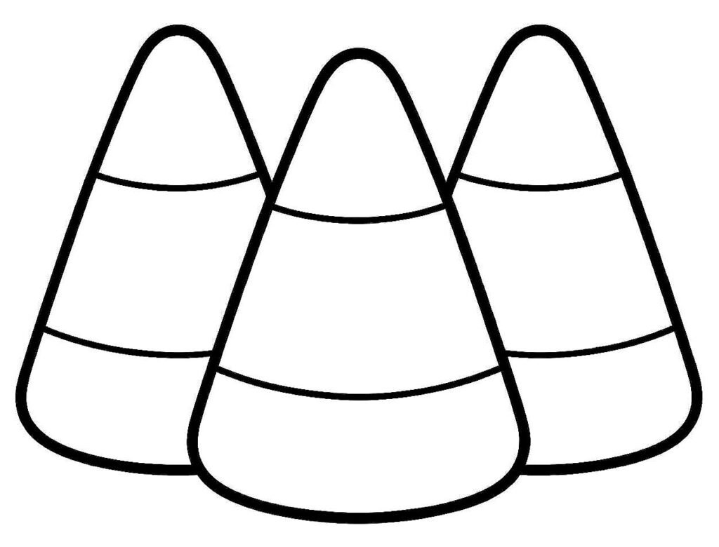 Three large candy corn pieces in a row with wide simple bands, free printable coloring page