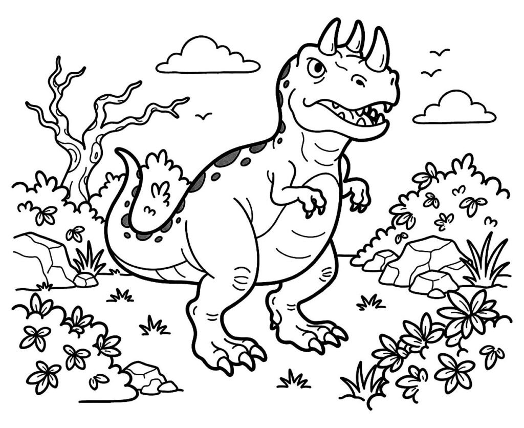 Horned Carnotaurus standing among dry scrub, rocks, and a bare tree, free printable coloring page