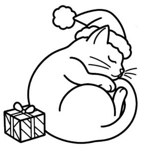Curled Up Christmas Cat Coloring Page with Santa Hat coloring page