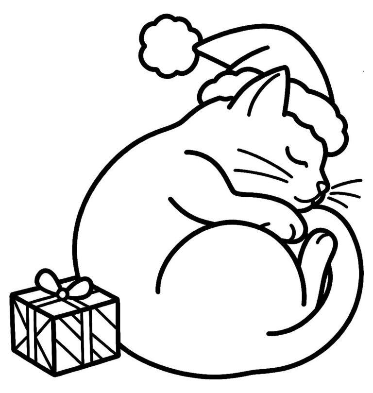 Cat curled up in a Santa hat next to a small wrapped gift, free printable coloring page