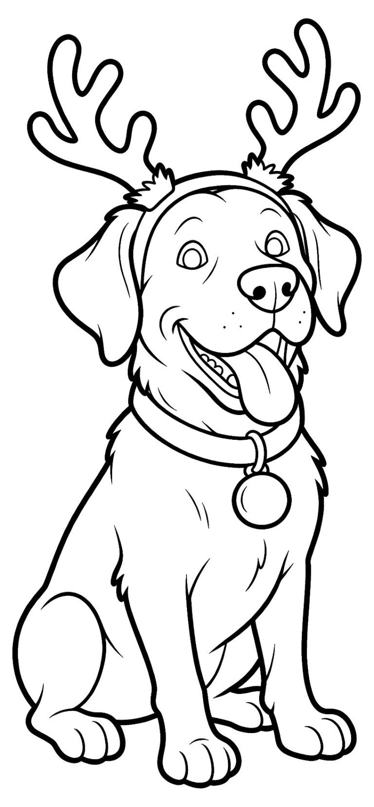 Happy sitting dog wearing reindeer antlers with one paw raised, free printable coloring page